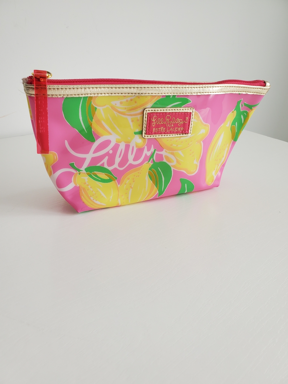 Lilly Pulitzer Pink Lemon Zip Cosmetic Pouch with Gold Trim
